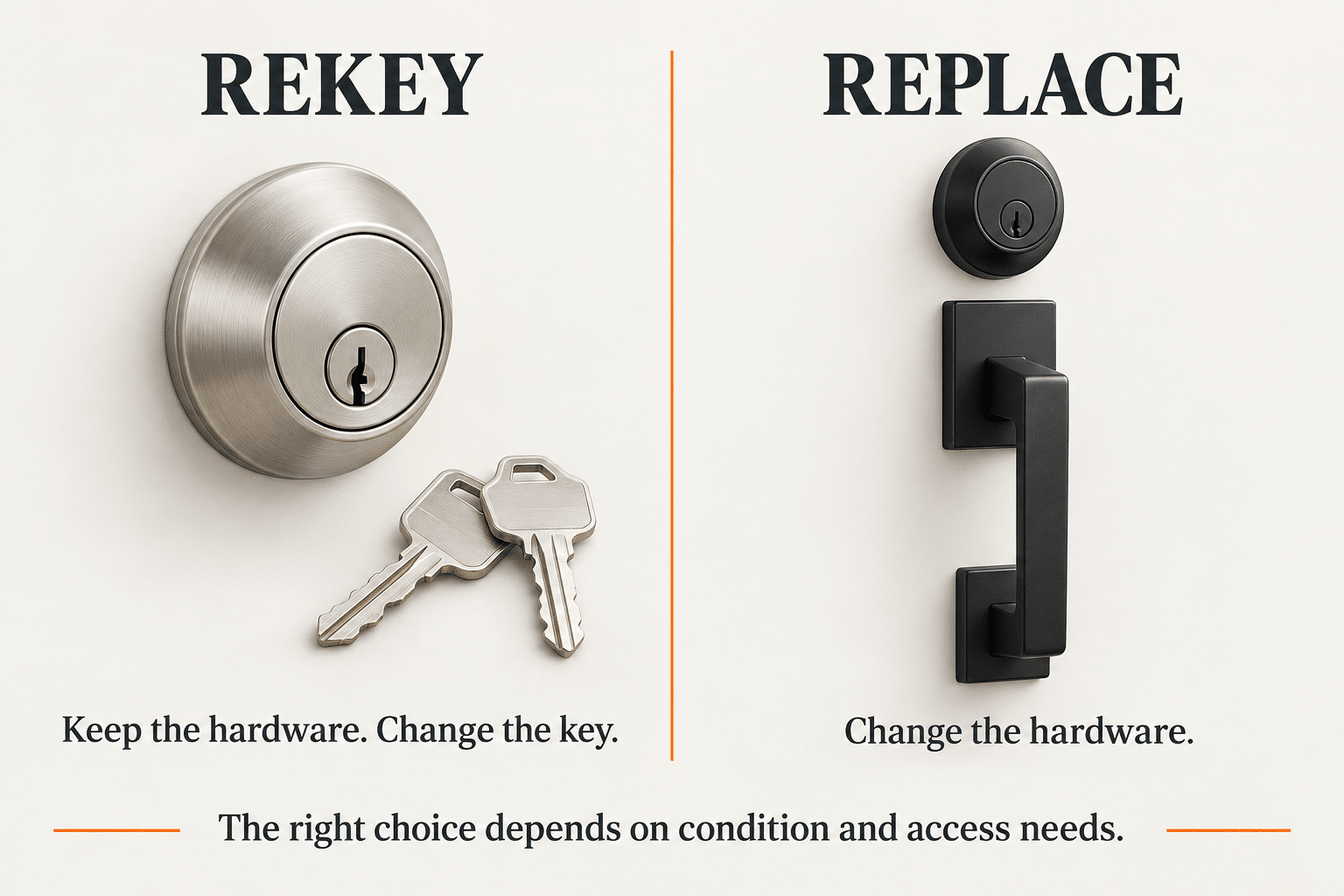 Rekeying vs replacing locks: keep the existing hardware and change the key, or install new hardware.