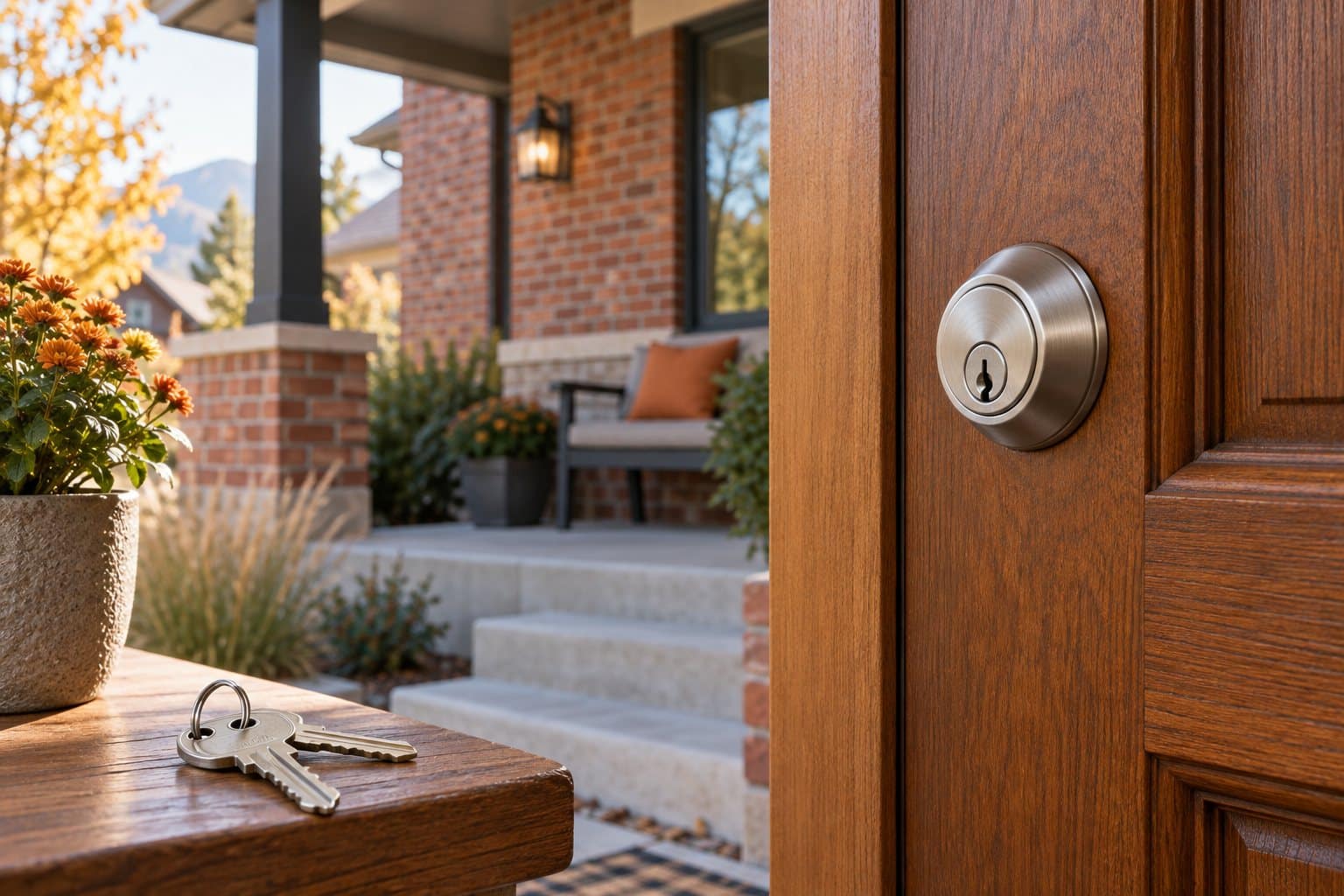 Satin nickel deadbolt on a wood entry door, with house keys on a nearby ledge.